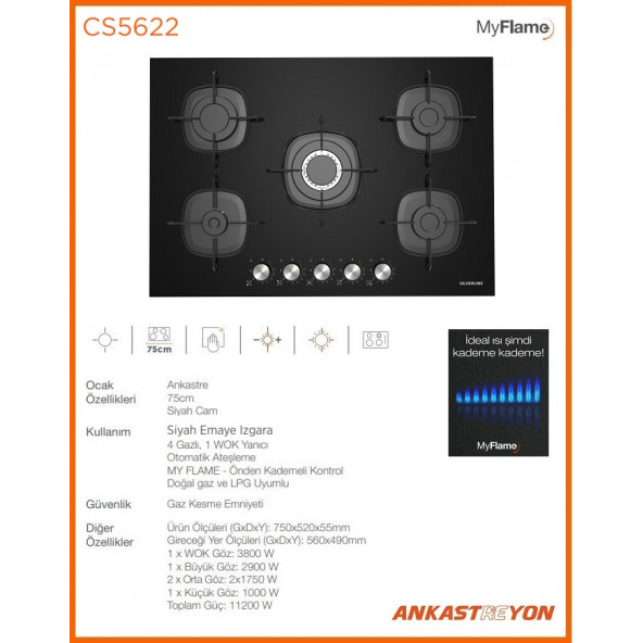 Silverline CS5622B01 Siyah Cam Ankastre Ocak Woklu 9 Kademeli Emaye Izgaralı - 2