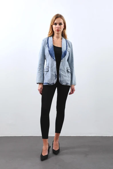 Kadın Uzun Kollu Tek Düğmeli Jean Ceket Buz Mavi - 4