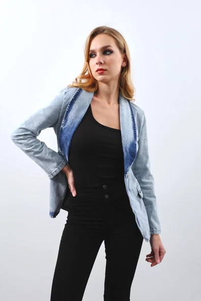 Kadın Uzun Kollu Tek Düğmeli Jean Ceket Buz Mavi - Resim 3