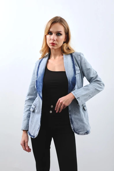 Kadın Uzun Kollu Tek Düğmeli Jean Ceket Buz Mavi - 6