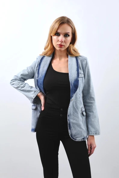 Kadın Uzun Kollu Tek Düğmeli Jean Ceket Buz Mavi - Resim 5