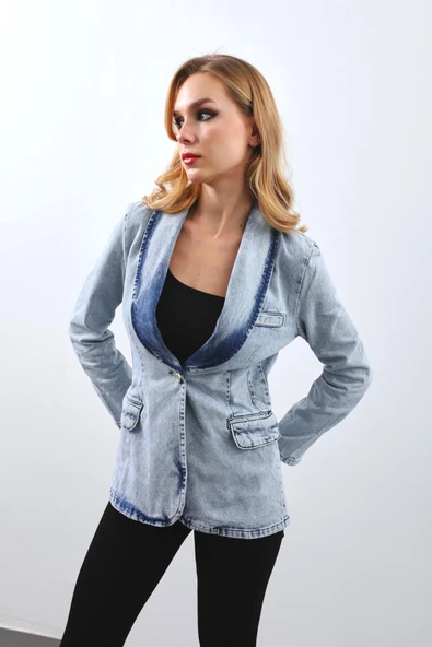 Kadın Uzun Kollu Tek Düğmeli Jean Ceket Buz Mavi - 7
