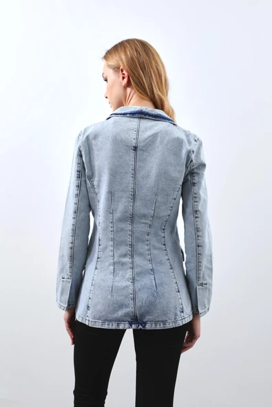 Kadın Uzun Kollu Tek Düğmeli Jean Ceket Buz Mavi - 8