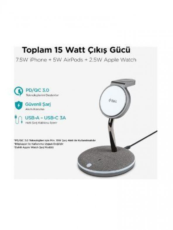 Ttec AirCharger Trio M MagSafe Uyumlu 3ü 1 Arada iPhone  Apple Watch AirPods Kablosuz Hızlı Şarj Standı - 3