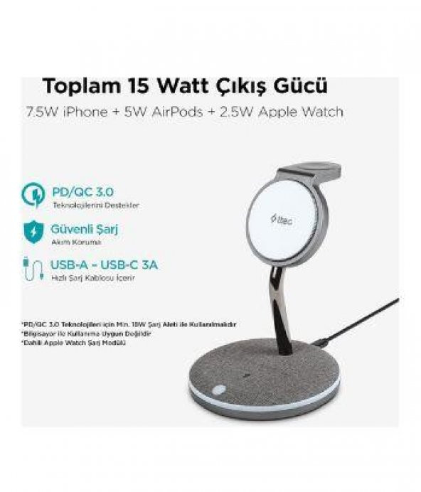 Ttec AirCharger Trio M MagSafe Uyumlu 3ü 1 Arada iPhone  Apple Watch AirPods Kablosuz Hızlı Şarj Standı - 4