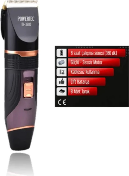 Powertec TR-3200 Kablosuz, Şarjlı Profesyonel Saç, Sakal, Ense, Vücut (Kesme-Düzeltme) Tıraş Makinas - 4