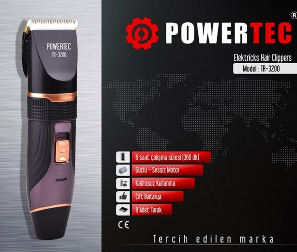 Powertec TR-3200 Kablosuz, Şarjlı Profesyonel Saç, Sakal, Ense, Vücut (Kesme-Düzeltme) Tıraş Makinas - 5