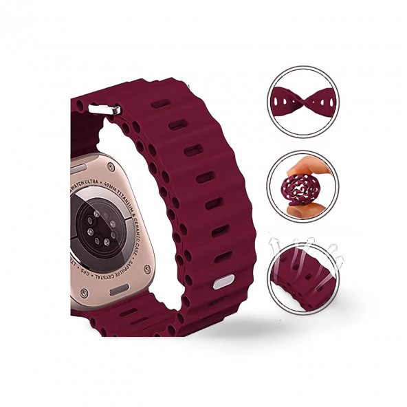 Cosmostech Akıllı Saat Watch için Uyumlu 42MM 44MM 45MM 49MM 1/2/3/4/5/6/se/7/8/ultra Akıllı Saat Silikon Kordon ve Kayışı Bordo - 2