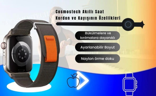 Cosmostech Akıllı Saat Watch için Uyumlu 42MM 44MM 45MM 49MM 1/2/3/4/5/6/se/7/8/ultra Hasır Kordon ve Kayışı Koyu Gri(Turuncu) - 8