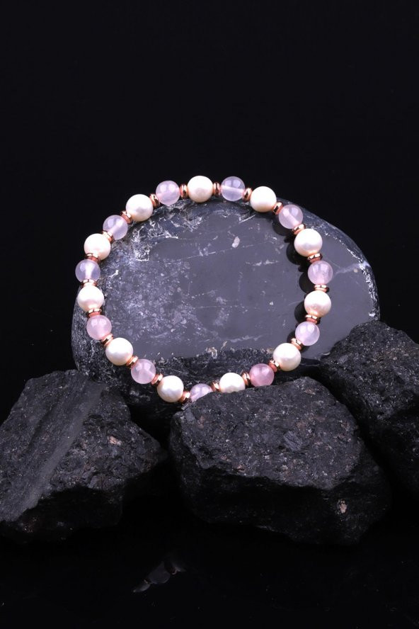 İnci - Hematit - Pembe Kuvars Doğal Taş Tasarım Bileklik - Resim 2
