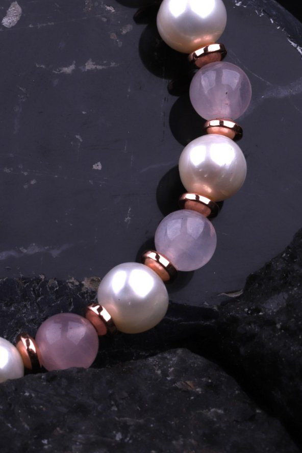 İnci - Hematit - Pembe Kuvars Doğal Taş Tasarım Bileklik - Resim 3