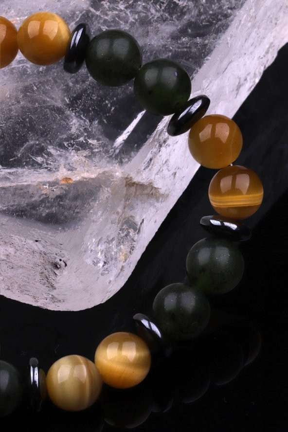 Kanada Yeşim - Kaplan Gözü - Hematit Doğal Taş Tasarım Bileklik - 3