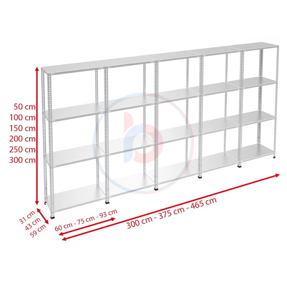 4 Katlı 5'li Galvaniz Çelik Raf - Depo, Arşiv, Kiler, Dosya, Market Rafı  43x93 cm 250 cm 1.50 mm - 3