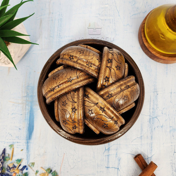 El Yapımı Desenli Ahşap Doğal Ağaç Çerezlik Doğal Ağaç Kahvaltılık Kase 7 Parça Kahve - 2