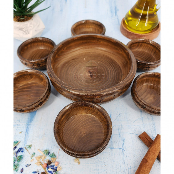 El Yapımı Desenli Ahşap Doğal Ağaç Çerezlik Doğal Ağaç Kahvaltılık Kase 7 Parça Kahve - 3