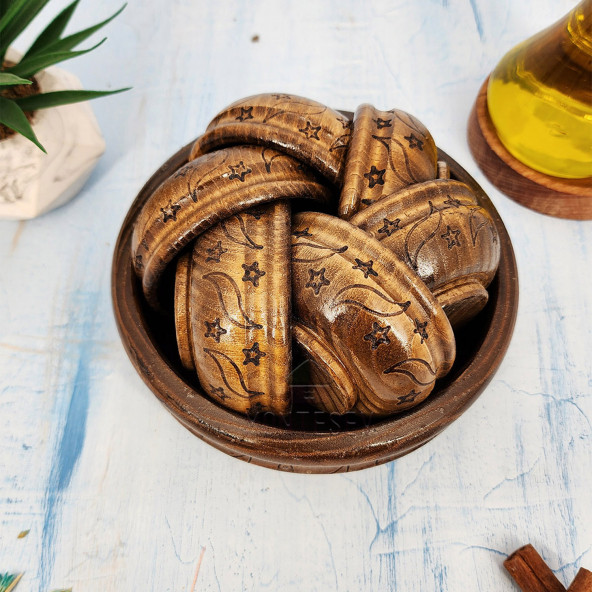 El Yapımı Desenli Ahşap Doğal Ağaç Çerezlik Doğal Ağaç Kahvaltılık Kase 7 Parça Kahve - 4