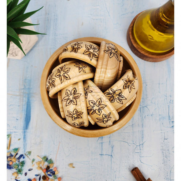 El Yapımı Desenli Ahşap Doğal Ağaç Çerezlik Doğal Ağaç Kahvaltılık Kase 7 Parça Naturel - 2