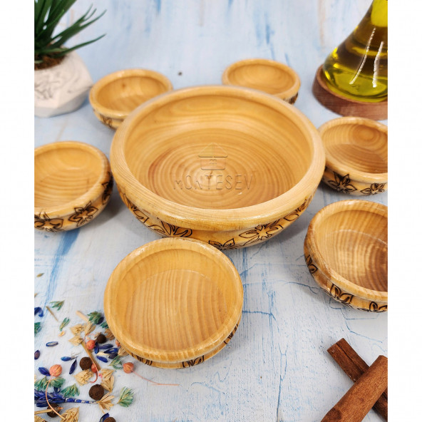 El Yapımı Desenli Ahşap Doğal Ağaç Çerezlik Doğal Ağaç Kahvaltılık Kase 7 Parça Naturel - 3