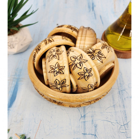 El Yapımı Desenli Ahşap Doğal Ağaç Çerezlik Doğal Ağaç Kahvaltılık Kase 7 Parça Naturel - 4