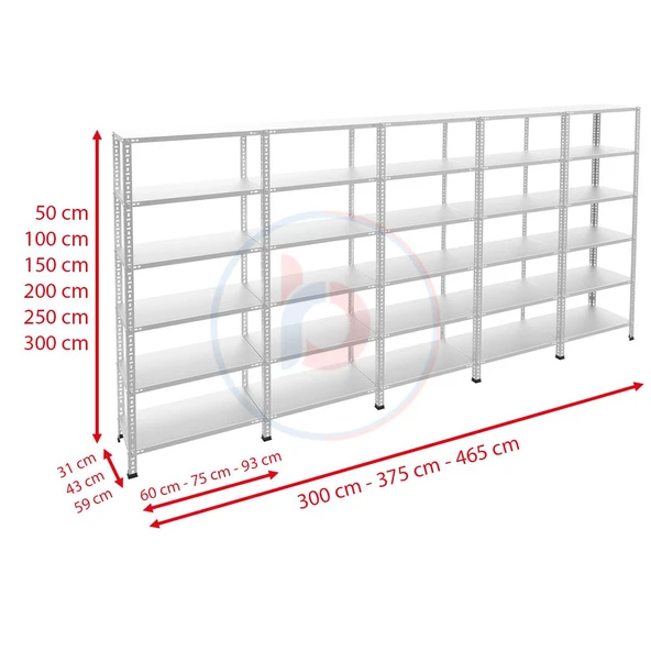 6 Katlı 5'li Galvaniz Çelik Raf - Depo, Arşiv, Kiler, Dosya, Market Rafı  31x75 cm 250 cm 1.00 mm - 3