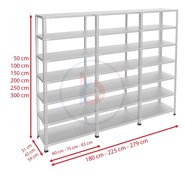 7 Katlı 3'lü Galvaniz Çelik Raf - Depo, Arşiv, Kiler, Dosya, Market Rafı  43x75 cm 150 cm 1.50 mm - 3