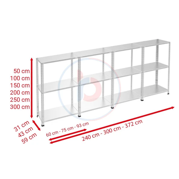 3 Katlı 4'lü Galvaniz Çelik Raf - Depo, Arşiv, Kiler, Dosya, Market Rafı  31x75 cm 50 cm 0.70 mm - 3