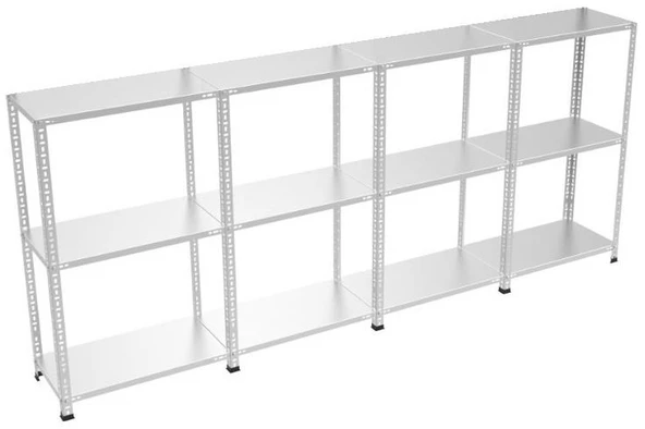 3 Katlı 4'lü Bitişik Galvaniz Çelik Raf - Depo, Arşiv, Kiler, Dosya, Market Rafı, Civatalı Raf Sistemi  43x60 cm 50 cm 0.70 mm
