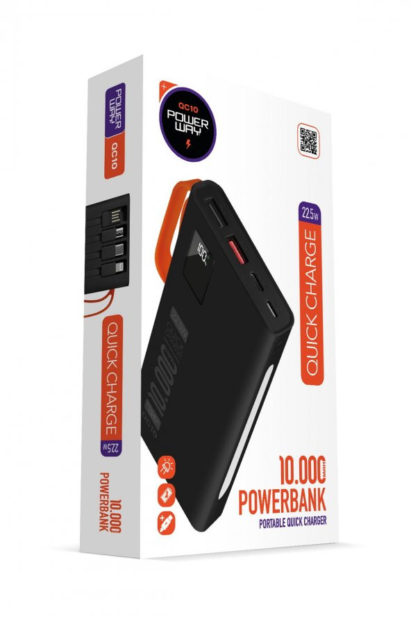 Powerway 10.000 Mah Pd 22.5W Dahili Kablolu Hızlı Şarj Gerçek 10.000 Mah QC10 Siyah Powerbank - 2