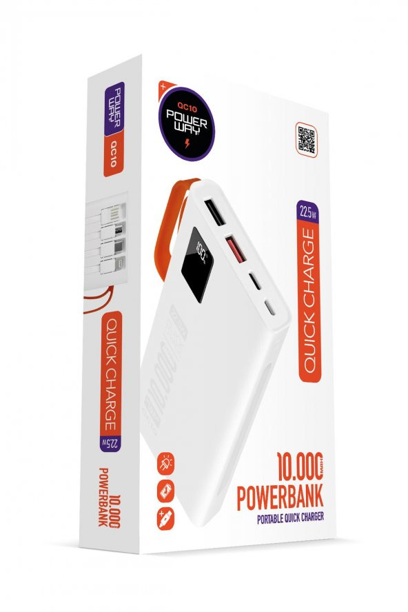 Powerway 10.000 Mah Pd 22.5W Dahili Kablolu Hızlı Şarj Gerçek 10.000 Mah QC10 Beyaz Powerbank