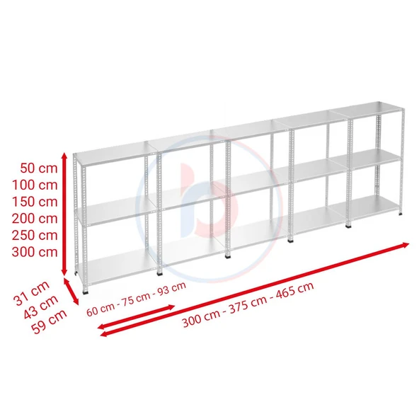 3 Katlı 5'li Galvaniz Çelik Raf - Depo, Arşiv, Kiler, Dosya, Market Rafı  43x93 cm 150 cm 1.50 mm - Resim 2