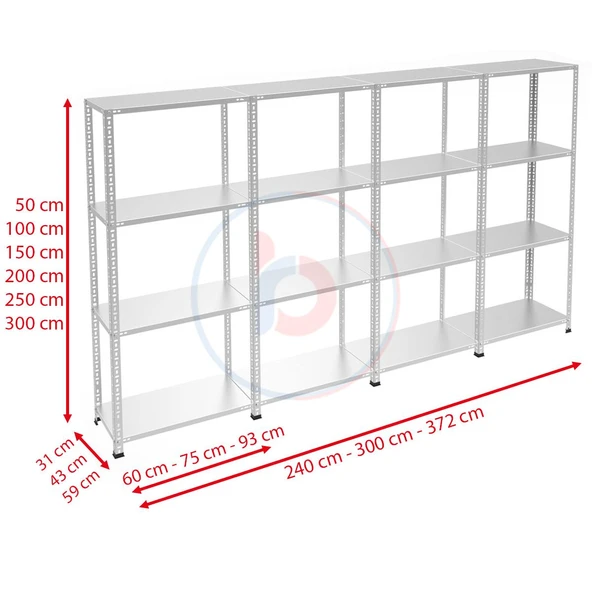 4 Katlı 4'lü Galvaniz Çelik Raf - Depo, Arşiv, Kiler, Dosya, Market Rafı  59x75 cm 200 cm 1.50 mm - Resim 2