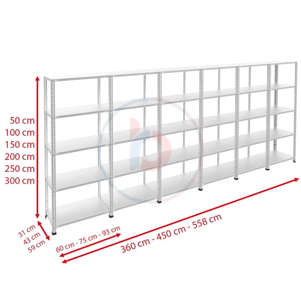 5 Katlı 6'lı Galvaniz Çelik Raf - Depo, Arşiv, Kiler, Dosya, Market Rafı  31x60 cm 100 cm 1.00 mm - 3