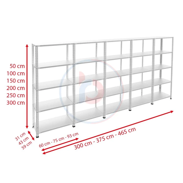 5 Katlı 5'li Galvaniz Çelik Raf - Depo, Arşiv, Kiler, Dosya, Market Rafı  43x93 cm 150 cm 1.00 mm - 3