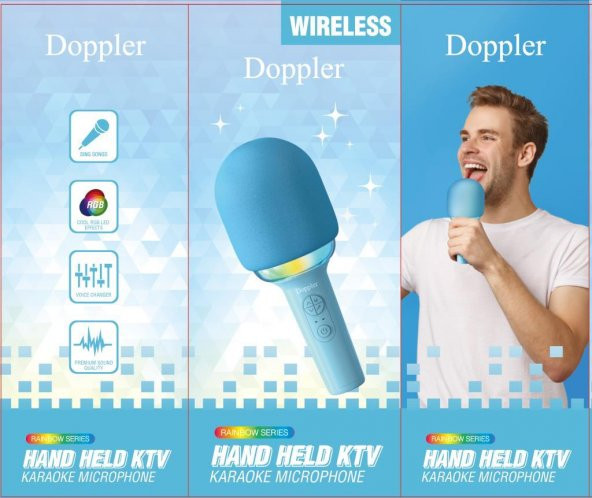 Doppler Rainbow Mavi Karaoke Mikrofonu Ledli Ses Değiştirme Özellikli Işıklı Yeni - 5
