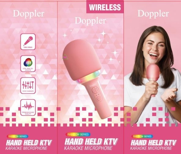 Doppler Rainbow Pembe Karaoke Mikrofonu Ledli Ses Değiştirme Özellikli Işıklı Yeni - 2