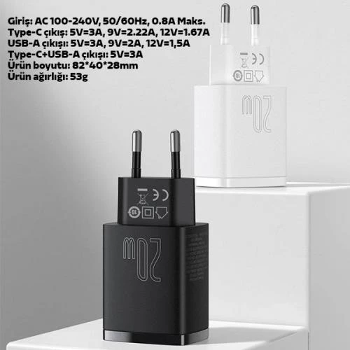Baseus Super Şarj 20W USB ve Type-c Girişli İphone Şarj Aleti İphone 15 15 Pro MAX Şarj Başlık QC3.0 - 5
