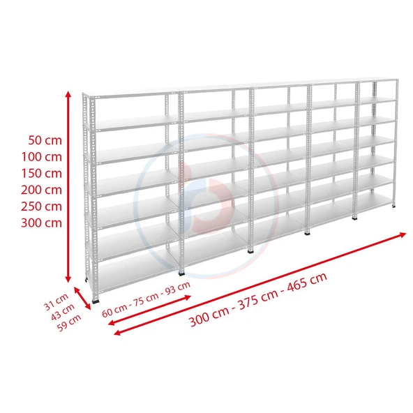 7 Katlı 5'li Galvaniz Çelik Raf - Depo, Arşiv, Kiler, Dosya, Market Rafı  31x75 cm 250 cm 1.00 mm - Resim 2