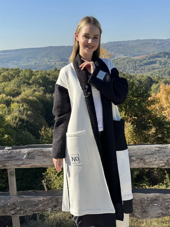 KADIN ÜÇ İPLİK ŞARDONLU KALIN PENYE TASARIM KABAN BEYAZ - BUTİK ESRA KANDEMİR A1732 - Resim 2