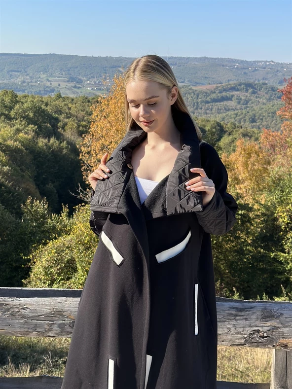 KADIN TASARIM DÖRT İPLİK KALIN PENYE KABAN SİYAH - BUTİK ESRA KANDEMİR A1971 - Resim 4