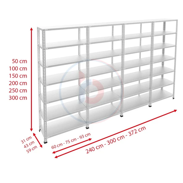 7 Katlı 4'lü Galvaniz Çelik Raf - Depo, Arşiv, Kiler, Dosya, Market Rafı  43x93 cm 150 cm 0.70 mm - 3