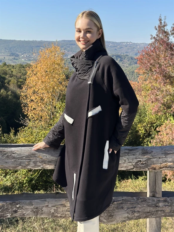 KADIN TASARIM DÖRT İPLİK KALIN PENYE KABAN SİYAH - BUTİK ESRA KANDEMİR A1971 - Resim 5