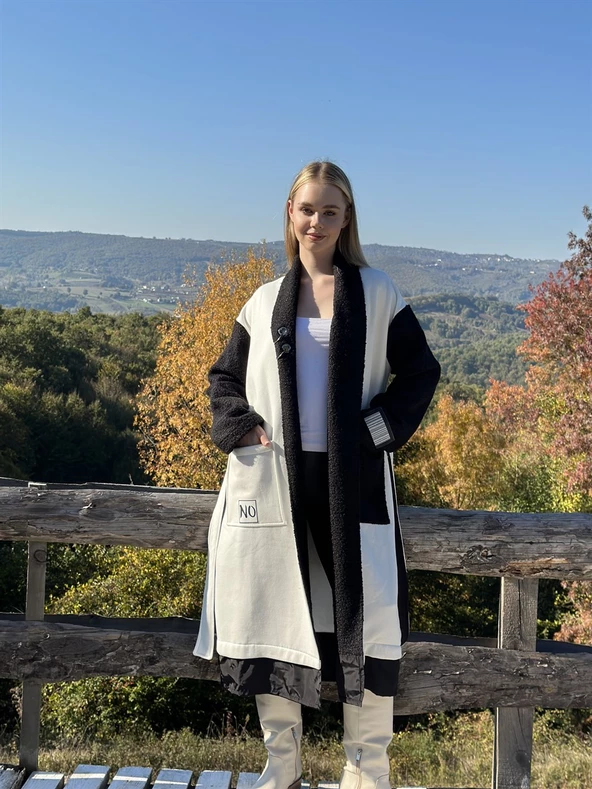 KADIN ÜÇ İPLİK ŞARDONLU KALIN PENYE TASARIM KABAN BEYAZ - BUTİK ESRA KANDEMİR A1732 - Resim 5