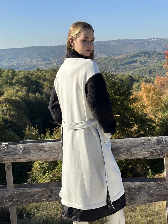 KADIN ÜÇ İPLİK ŞARDONLU KALIN PENYE TASARIM KABAN BEYAZ - BUTİK ESRA KANDEMİR A1732 - Resim 7