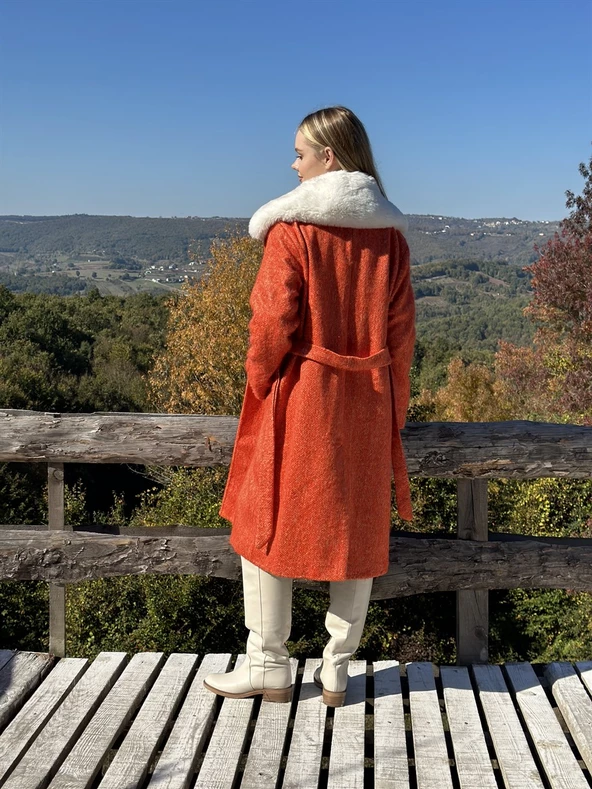 KADIN YAKASI KÜRKLÜ KABAN TURUNCU - BUTİK ESRA KANDEMİR 210 - Resim 6