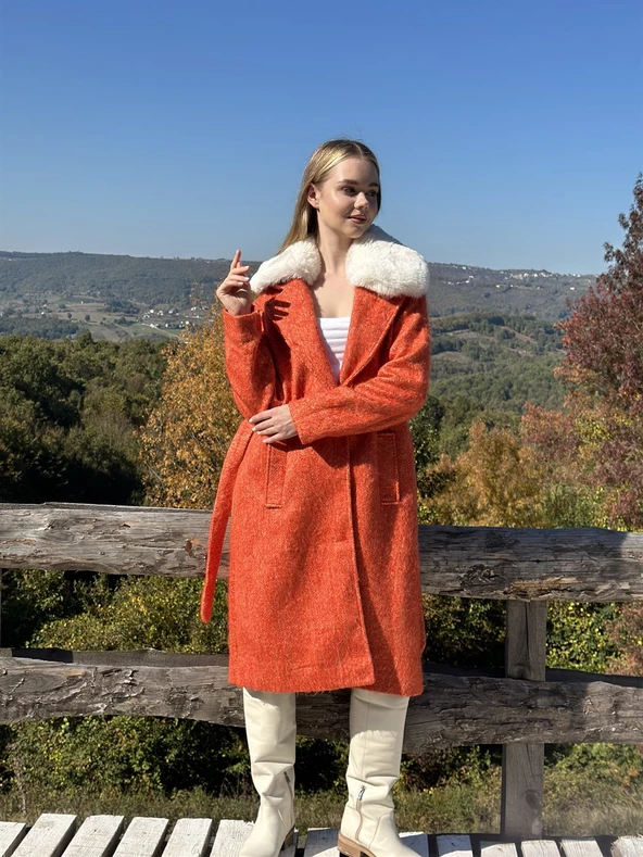 KADIN YAKASI KÜRKLÜ KABAN TURUNCU - BUTİK ESRA KANDEMİR 210 - Resim 3