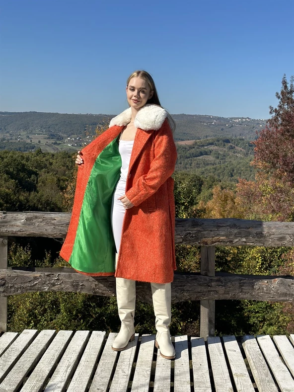 KADIN YAKASI KÜRKLÜ KABAN TURUNCU - BUTİK ESRA KANDEMİR 210 - Resim 5