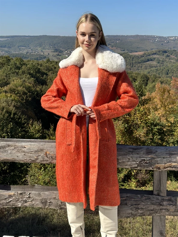 KADIN YAKASI KÜRKLÜ KABAN TURUNCU - BUTİK ESRA KANDEMİR 210 - Resim 8