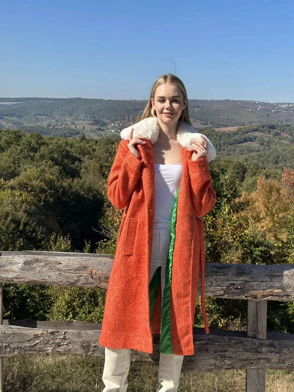 KADIN YAKASI KÜRKLÜ KABAN TURUNCU - BUTİK ESRA KANDEMİR 210 - Resim 4