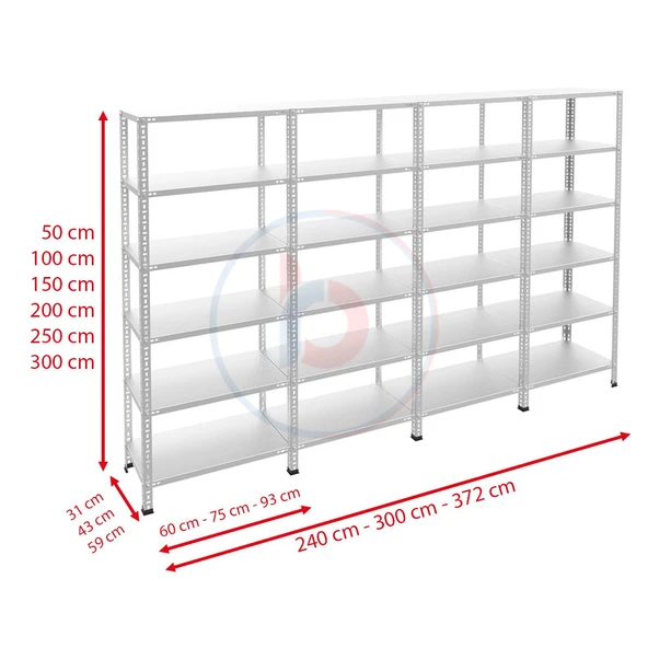 6 Katlı 4'lü Galvaniz Çelik Raf - Depo, Arşiv, Kiler, Dosya, Market Rafı  43x60 cm 250 cm 1.00 mm - 3
