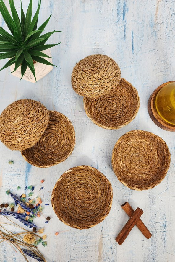 6 Adet Hasır Çerezlik Doğal Çerezlik Yuvarlak Sunum Kase ( Doğal Hasır ) ürün görseli